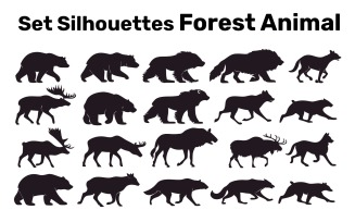 Set Silhouettes big northern forest animal, Vector, Easy to Edit isolated on white Background
