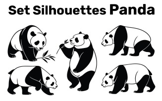Set Silhouettes Panda, Vector, Easy to Edit isolated on white Background
