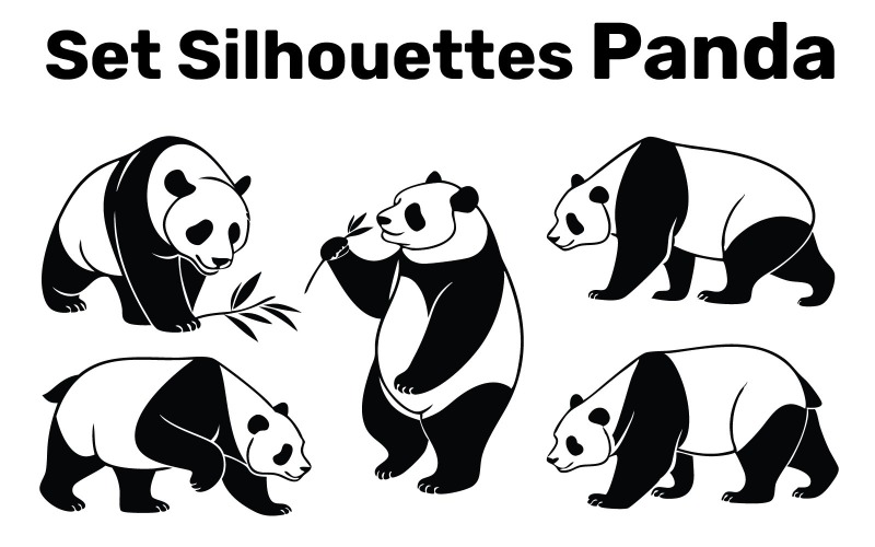 Set Silhouettes Panda, Vector, Easy to Edit isolated on white Background Vector Graphic