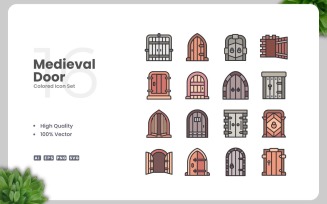 16 Medieval Door Colored Icons Set