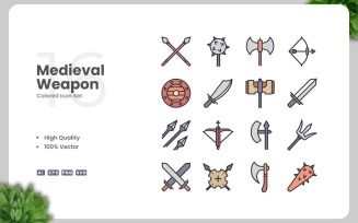 16 Medieval Weapon Colored Icons Set