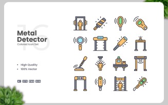 16 Metal Detector Colored Icons Set