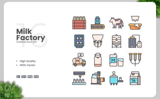 16 Milk Factory Colored Icons Set