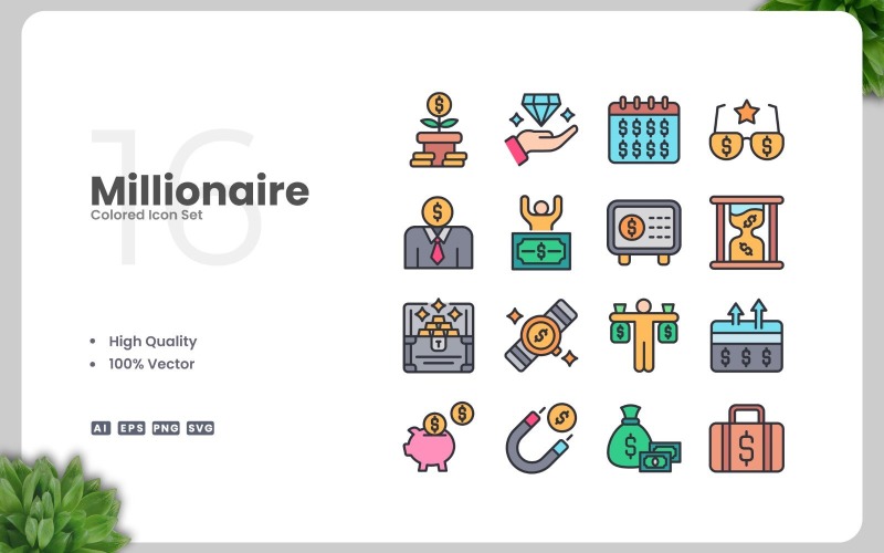 16 Millionaire Colored Icons Set Icon Set
