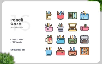 16 Pencil Case Colored Icons Set