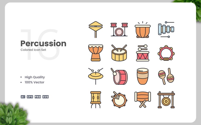 16 Percussion Colored Icons Set Icon Set