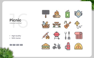 16 Picnic Colored Icons Set