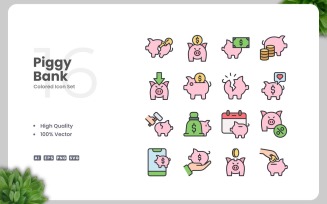 16 Piggy Bank Colored Icons Set