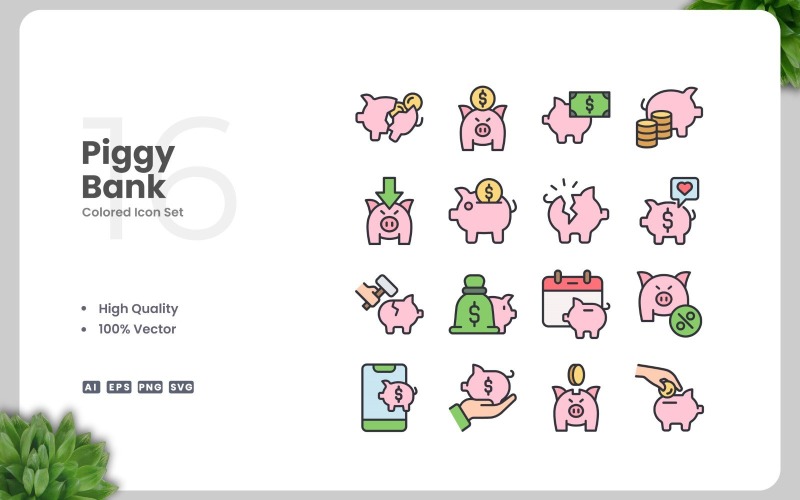 16 Piggy Bank Colored Icons Set Icon Set