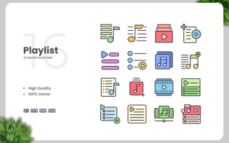 16 Playlist Colored Icons Set