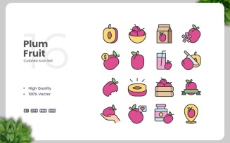 16 Plum Fruit Colored Icons Set