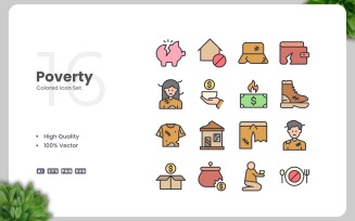 16 Poverty Colored Icons Set