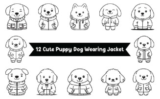 12 Cute Puppy Dog Character Wearing Jacket in Line Art