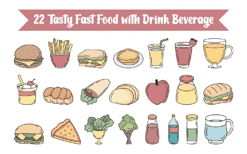 22 Tasty Fast Food with Drink Beverage Illustration