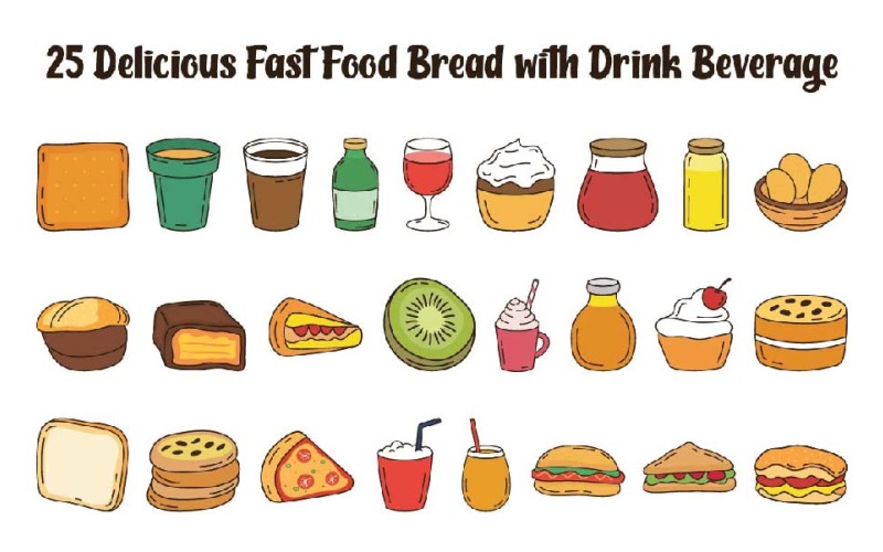 25 Delicious Fast Food Bread with Drink Beverage Illustration