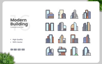 16 Modern Building Colored Icons Set
