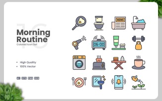 16 Morning Routine Colored Icons Set