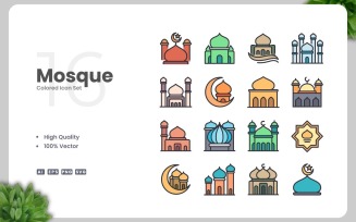 16 Mosque Colored Icons Set
