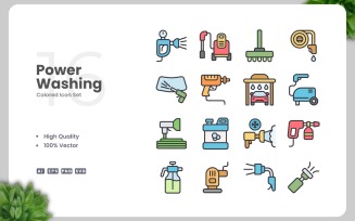 16 Power Washing Colored Icons Set