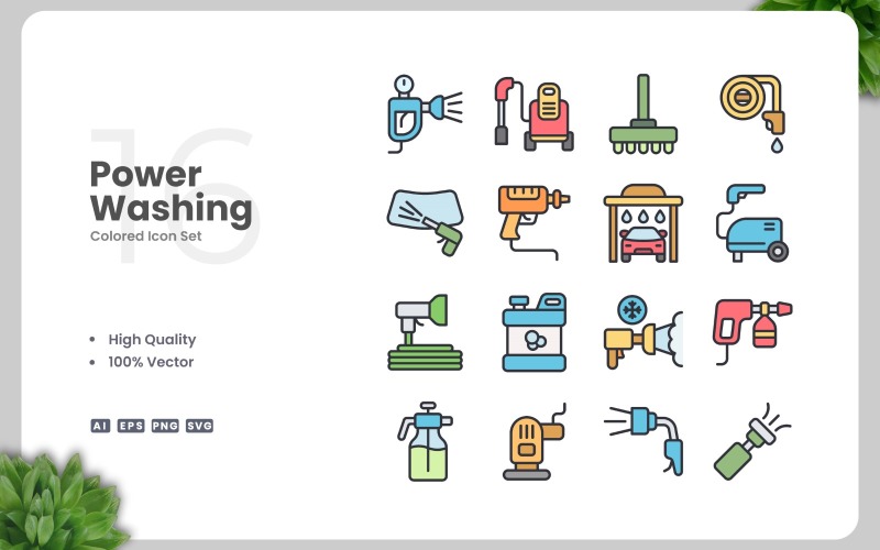 16 Power Washing Colored Icons Set Icon Set