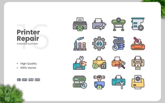 16 Printer Repair Colored Icons Set