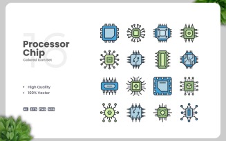 16 Processor Chip Colored Icons Set
