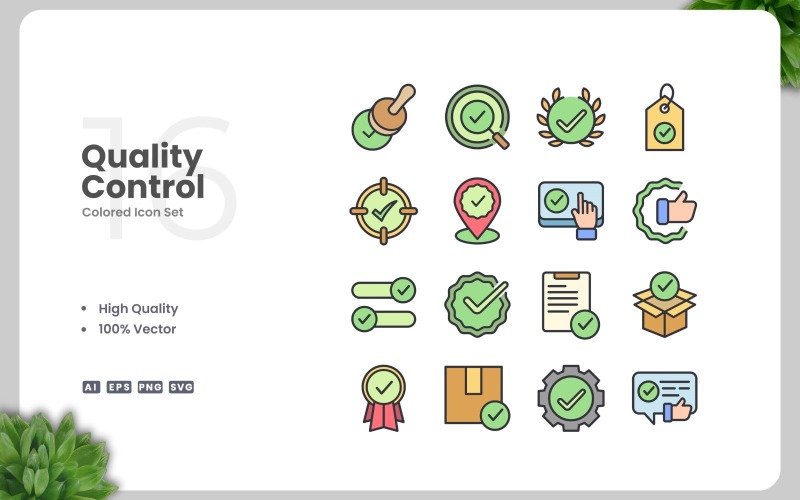 16 Quality Control Colored Icons Set Icon Set