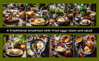 Traditional breakfast with fried eggs toast and salad on the plate