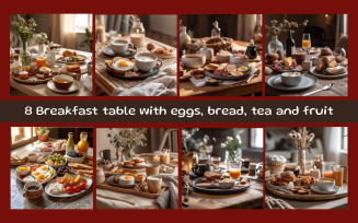 Breakfast table with eggs, bread, tea and fruit