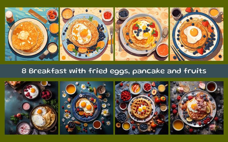 Breakfast with fried eggs, pancake and fruits Background