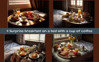 Surprise breakfast on a bed with a cup of coffee