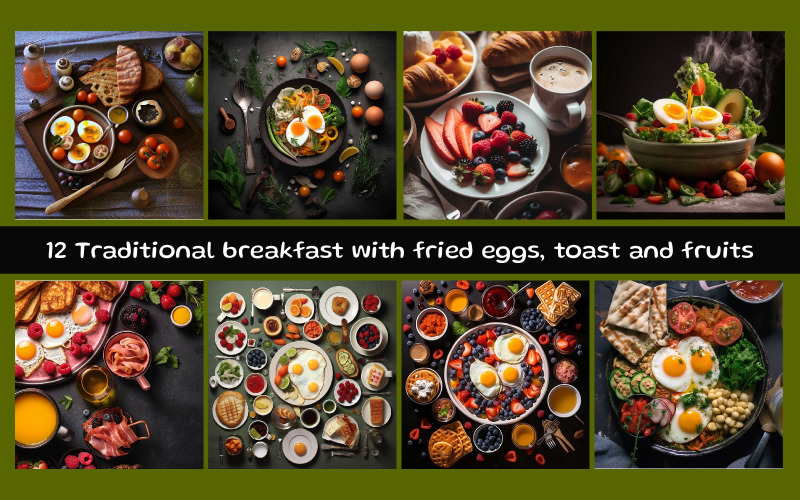 Traditional breakfast with fried eggs, toast and fruits Background