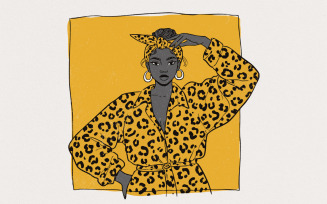 Bold Leopard Print Fashion Woman PNG, Empowered Afro Woman Illustration, Unique Yellow Animal