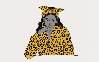 Stylish Woman with Yellow Leopard Print PNG, Trendy Girl Illustration, Fashionable Afro Woman