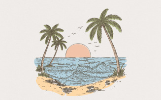 Tropical Beach Sunset PNG, Palm Tree Ocean View Illustration, Relaxing Summer Scene Clipart,