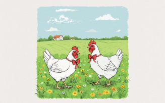 Country Farm Chickens PNG, Cute Farm Animal Illustration, Rustic Rooster and Hen Clipart, Spring
