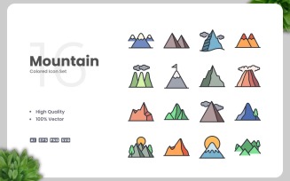 16 Mountain Colored Icons Set