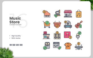16 Music Store Icons Colored Icons Set