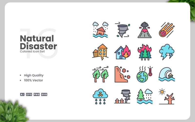 16 Natural Disaster Colored Icons Set Icon Set