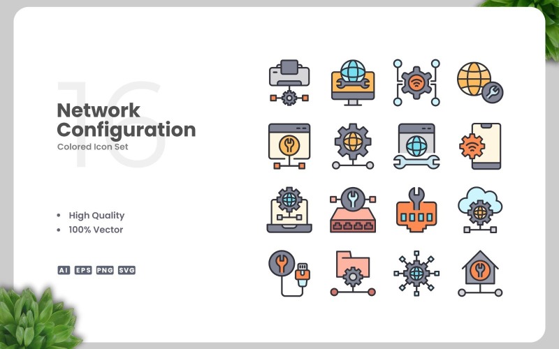 16 Network Configuration Colored Icons Set Icon Set