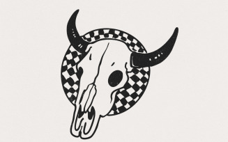 Retro Rodeo Western PNG, Checkered Print Bull, Instant Download, Shirt Design, Boho Bull Skull,
