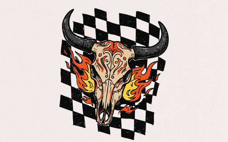 Retro Rodeo Western PNG, Checkered Print Bull, Western PNG File, Instant Download, Shirt Design, Illustration