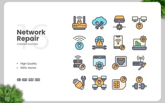 16 Network Repair Colored Icons Set