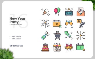 16 New Year Party Colored Icons Set