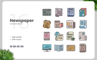 16 Newspaper Colored Icons Set