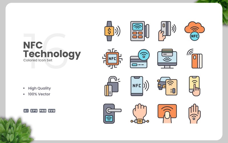 16 NFC Technology Colored Icons Set Icon Set