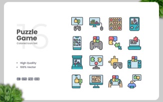 16 Puzzle Game Colored Icons Set