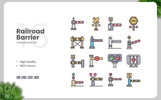 16 Railroad Barrier Colored Icons Set