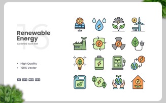 16 Renewable Energy Colored Icons Set