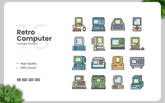 16 Retro Computer Colored Icons Set